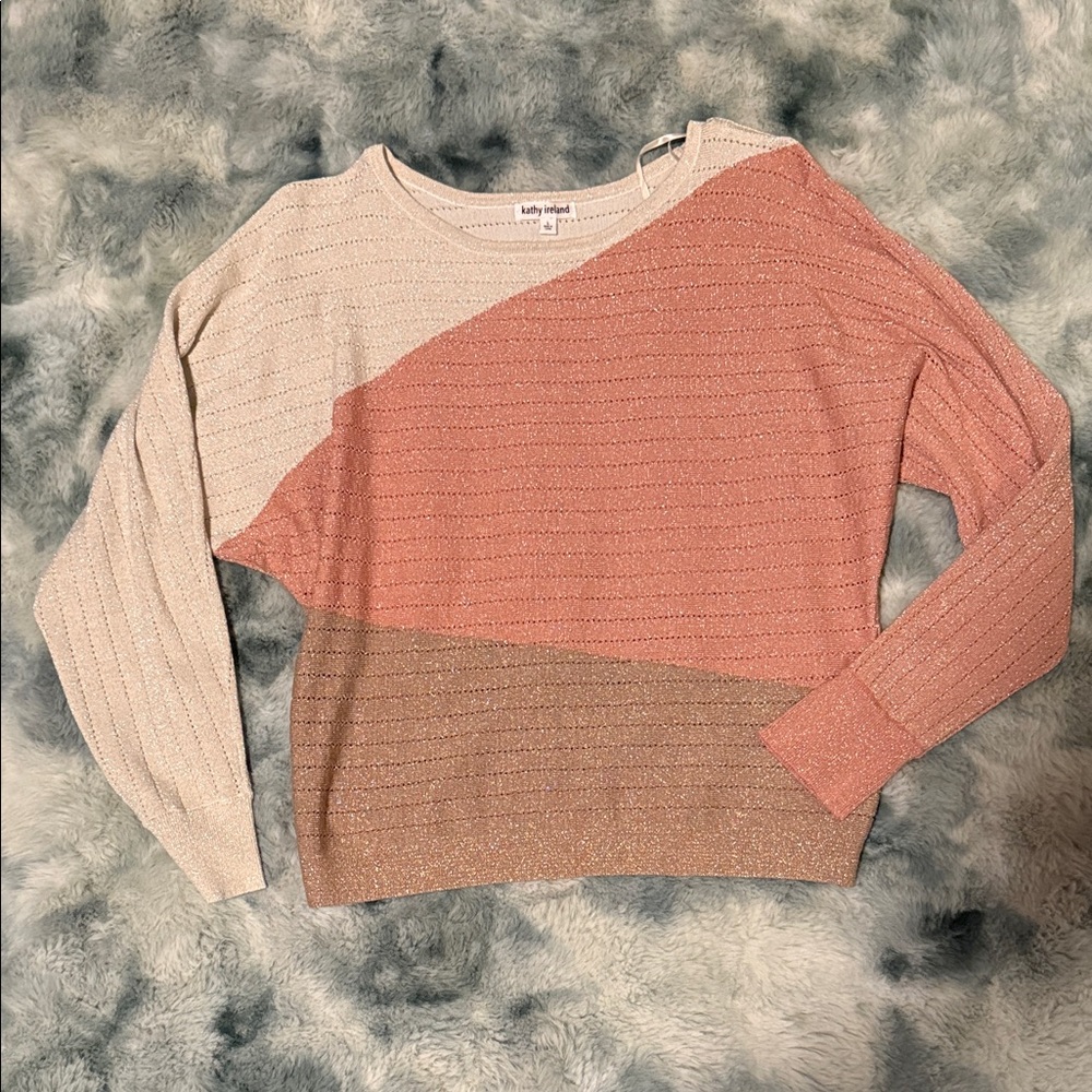 Kathy Ireland Colorblock Sweater in Cream, Pink, and Tan